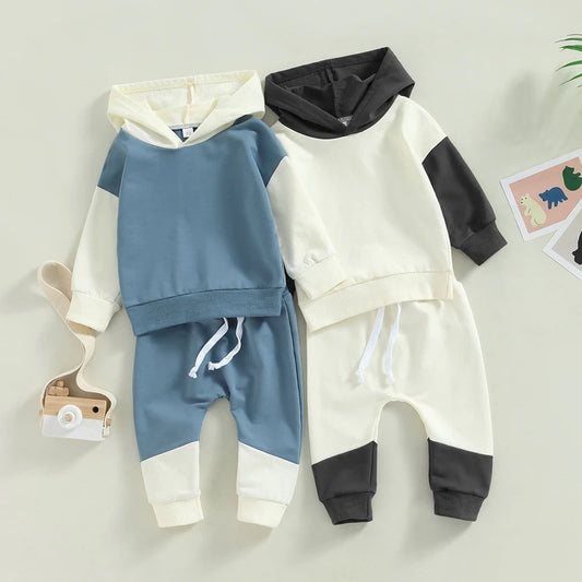 Baby Boys Colour Block Hooded Outfit Set - Long Sleeve Hoodie & Elastic Pants