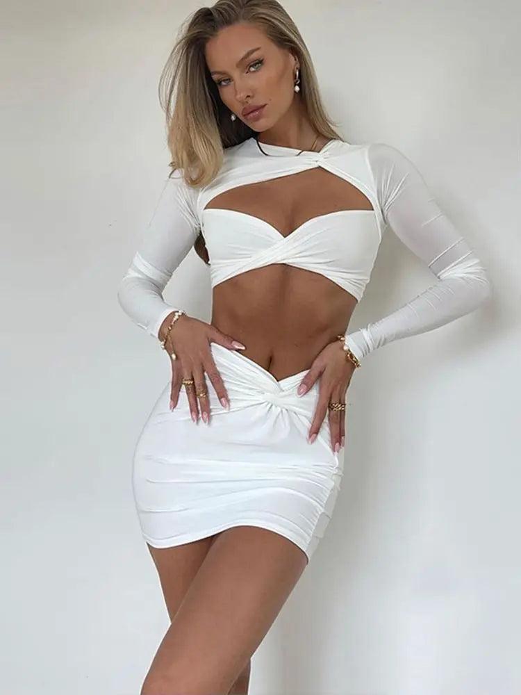 Women's Twist Cut Out Long Sleeve 2 Piece Sets Summer Outfits Matching Sets Crop Top and Skirts Chic