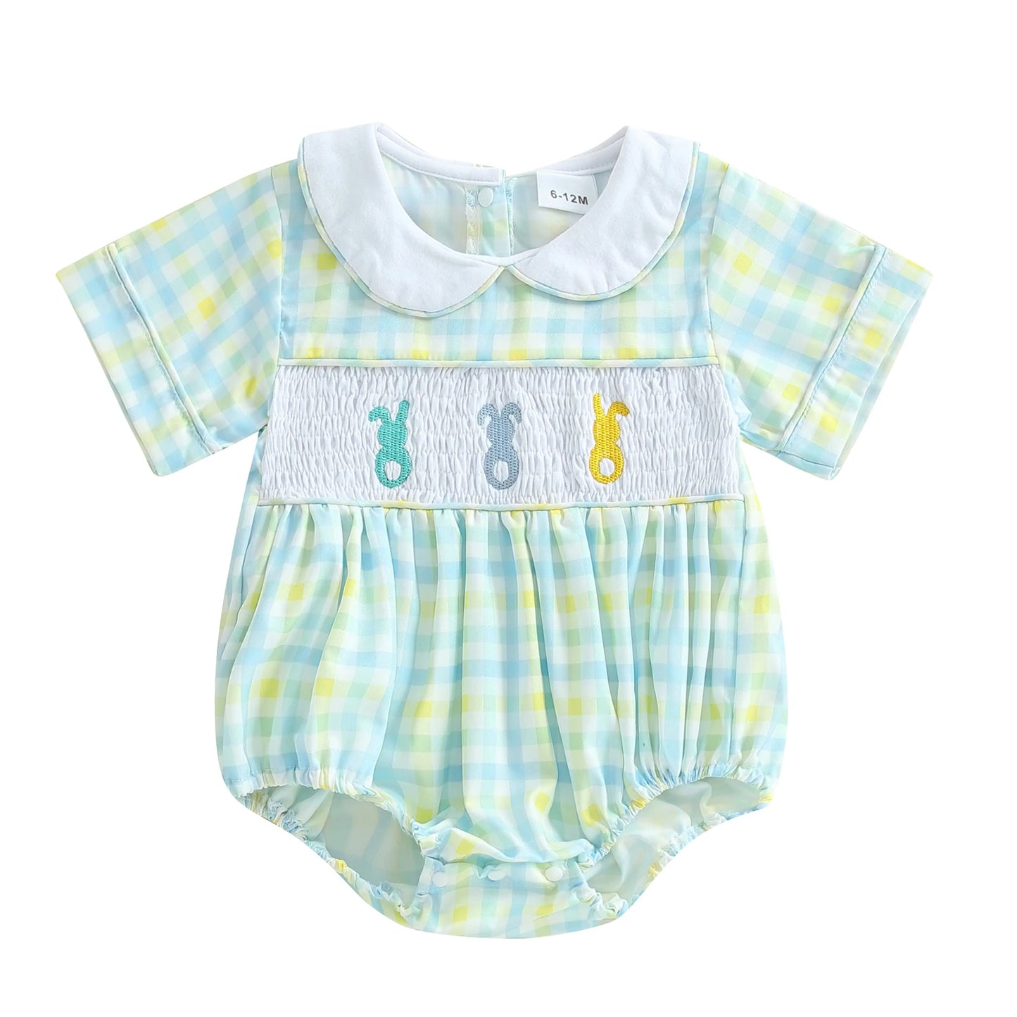 Baby Easter Romper with Bunny Embroidery - Smocked Doll Collar Bodysuit (Unisex)