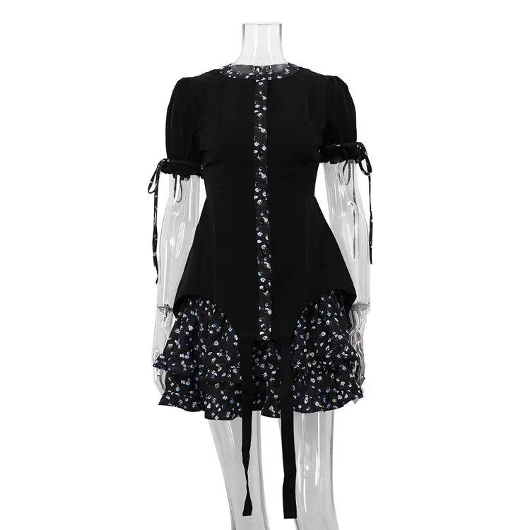 Women's Short Sleeve Two Pieces  Flower Print Lace Up Mini Dress Splice  Dress