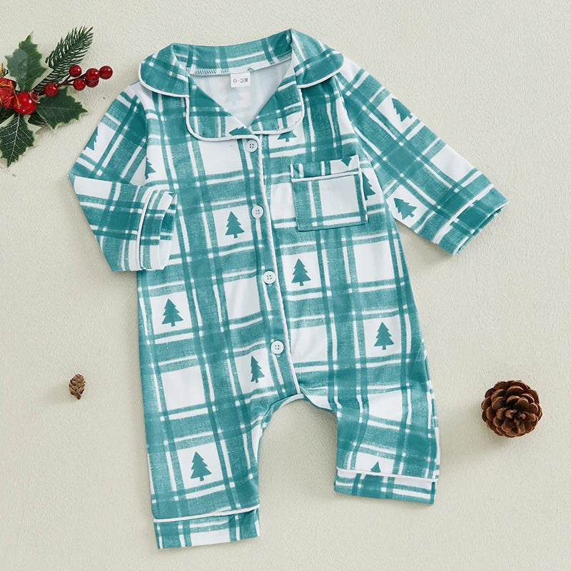 Christmas Pajama Romper - Baby Boys Girls Xmas Tree Plaid Jumpsuit