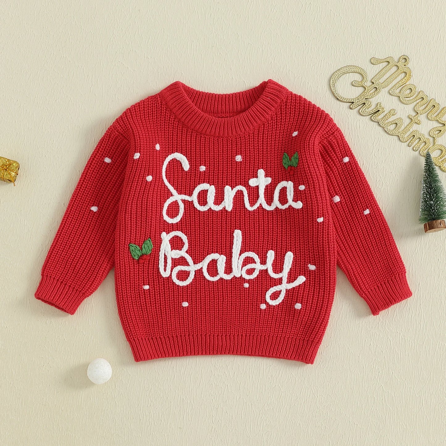 0-5Y Kids Boys Girls Christmas Sweater Letter Embroidered Crew Neck Long Sleeve Pullover Knit Top