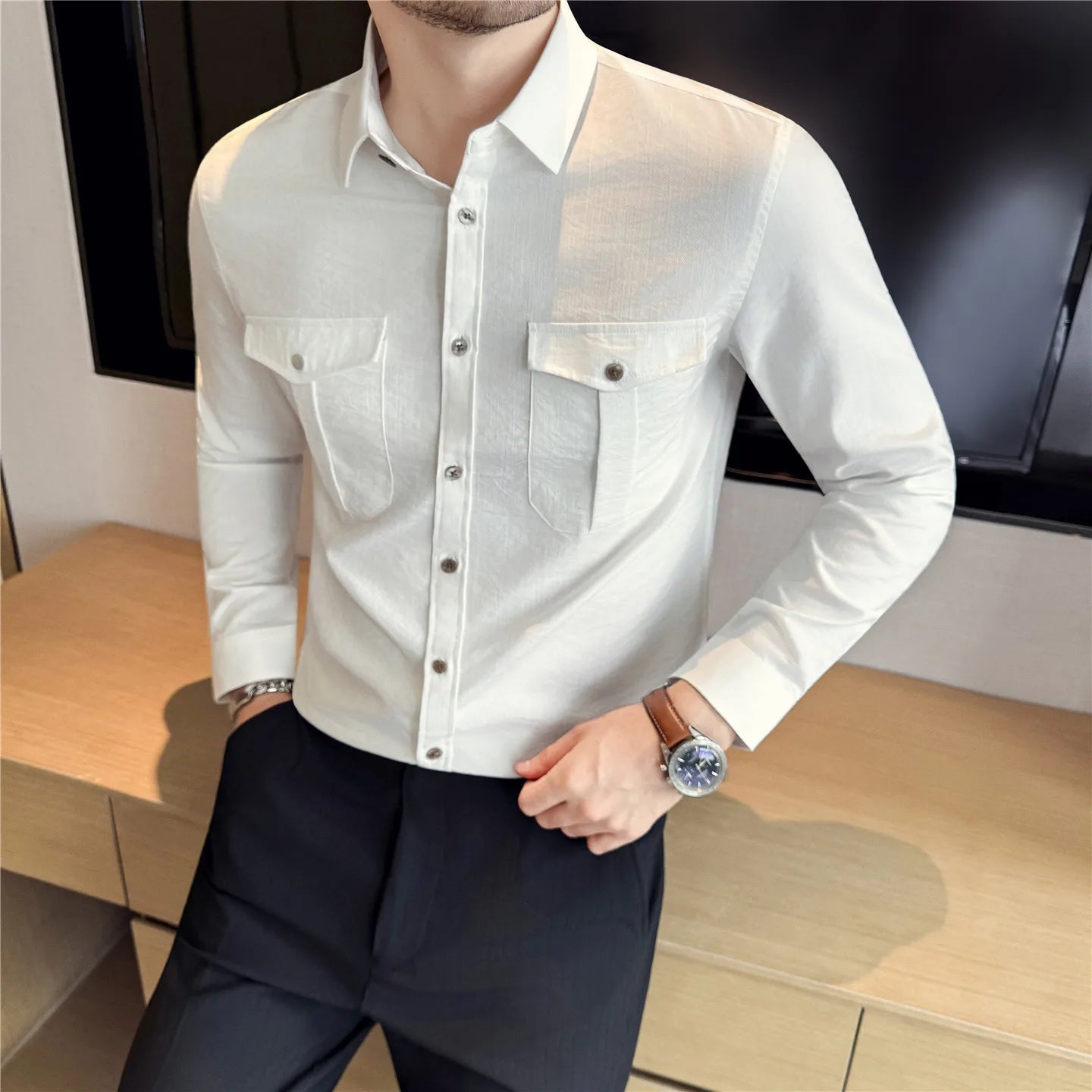 Men's Minimalist Slim Fit Shirt - Long Sleeve Solid Colour Smart Casual Pocket Blouse