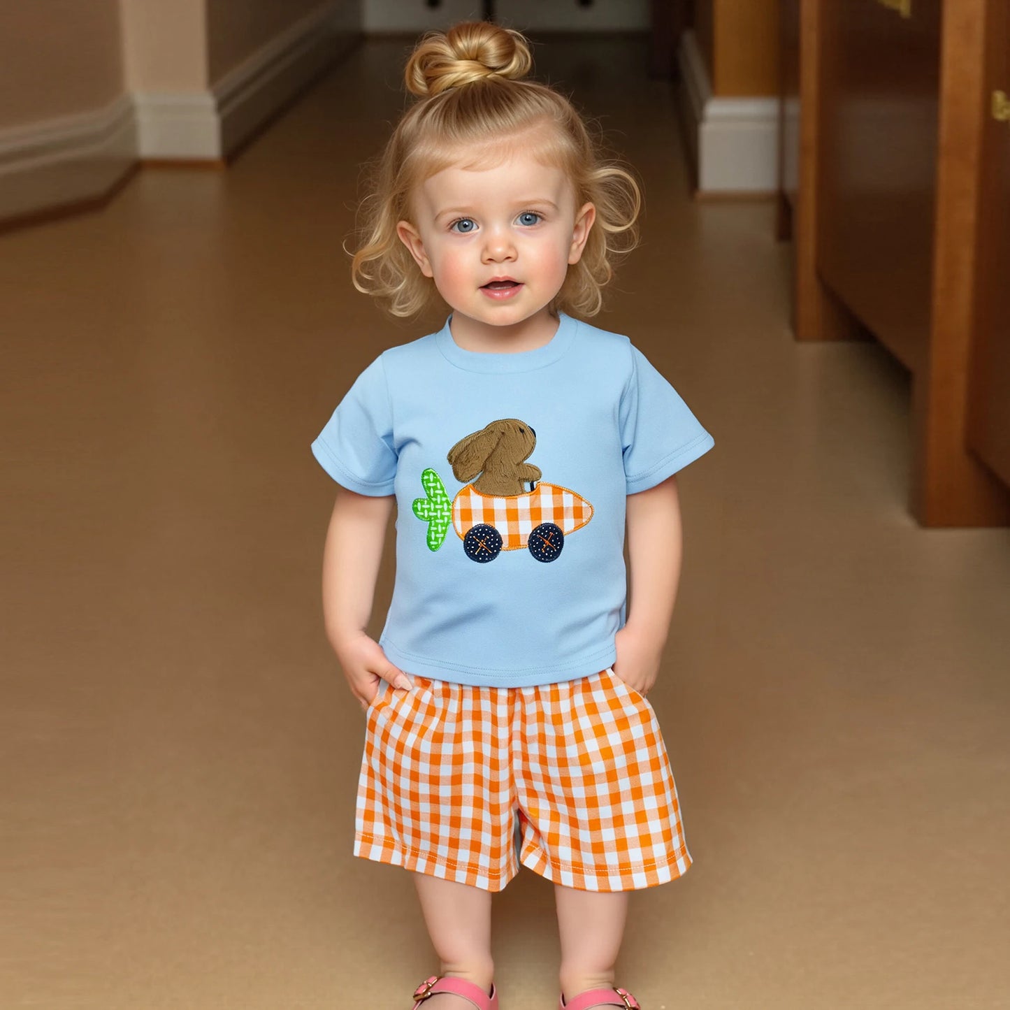 0-4Y Toddler Kids Boys Easter Clothes Set 2pcs Rabbit Embroidery Short Sleeve  Plaid T-Shirt with Elastic Waist Shorts
