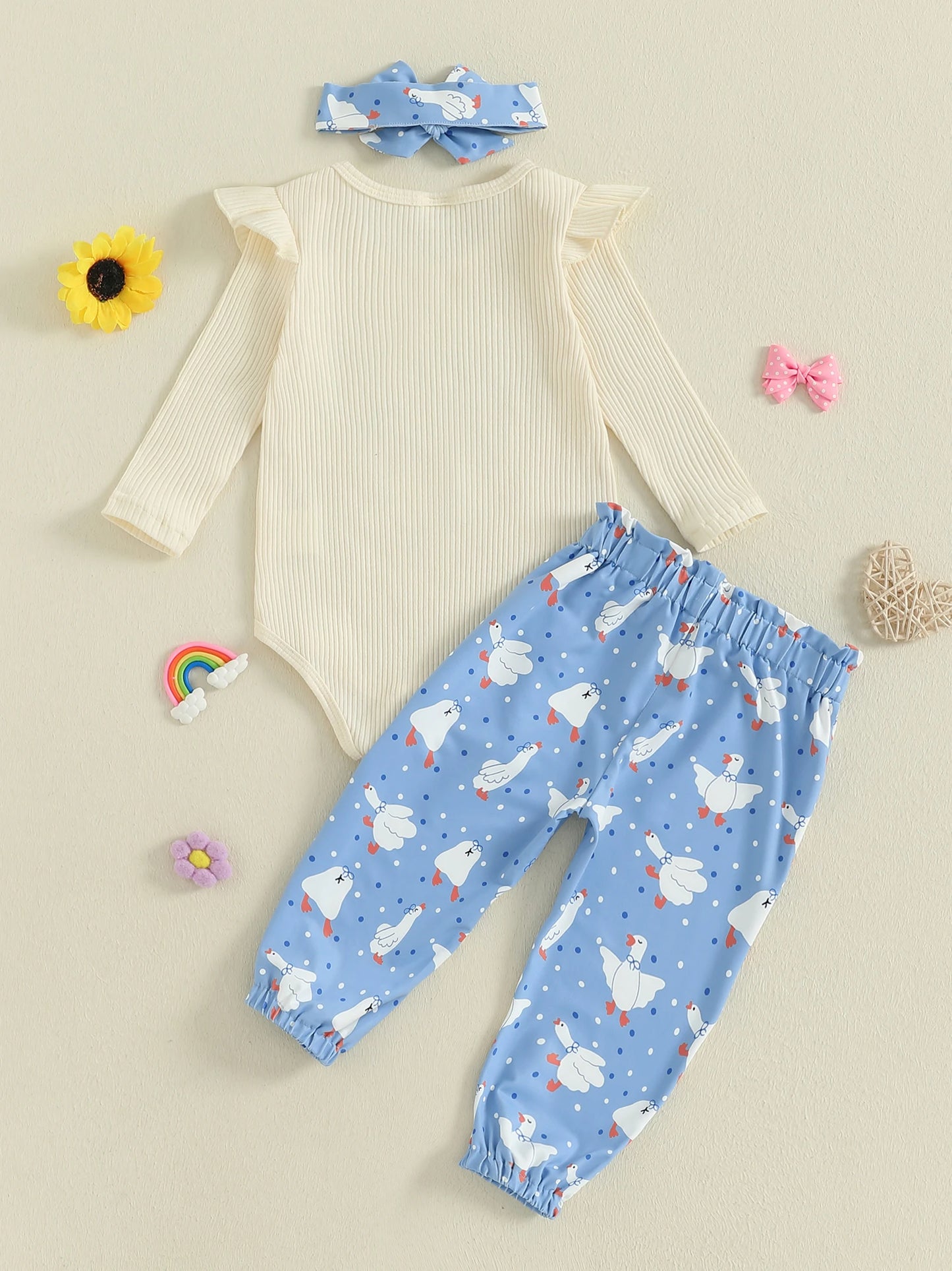 Baby Girls Duck Print Outfit Set - 3-Piece Long Sleeve Romper, Dot Pants & Headband (0-18M)