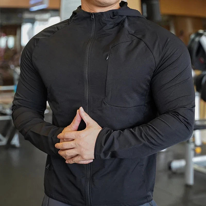 Men's Nylon Sport Coat Gym Fitness Hoodies Outdoor Workout Tops Hooded Training Running Zipped Jacket