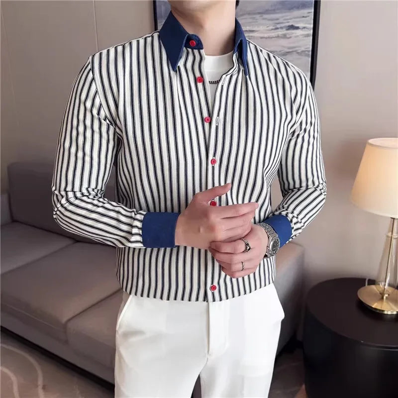 Men's Long Sleeve Striped Cotton Shirt - Smart Casual Square Collar