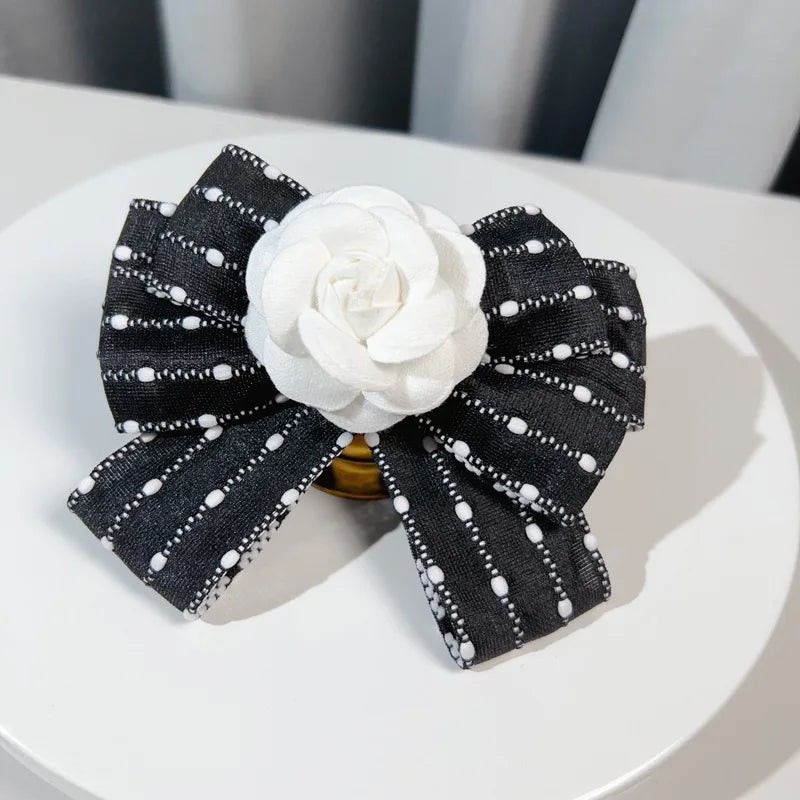 Fabric Art Bow Tie Camellia Flower Brooch - Women's College Style Shirt Necktie Fashion Accessory