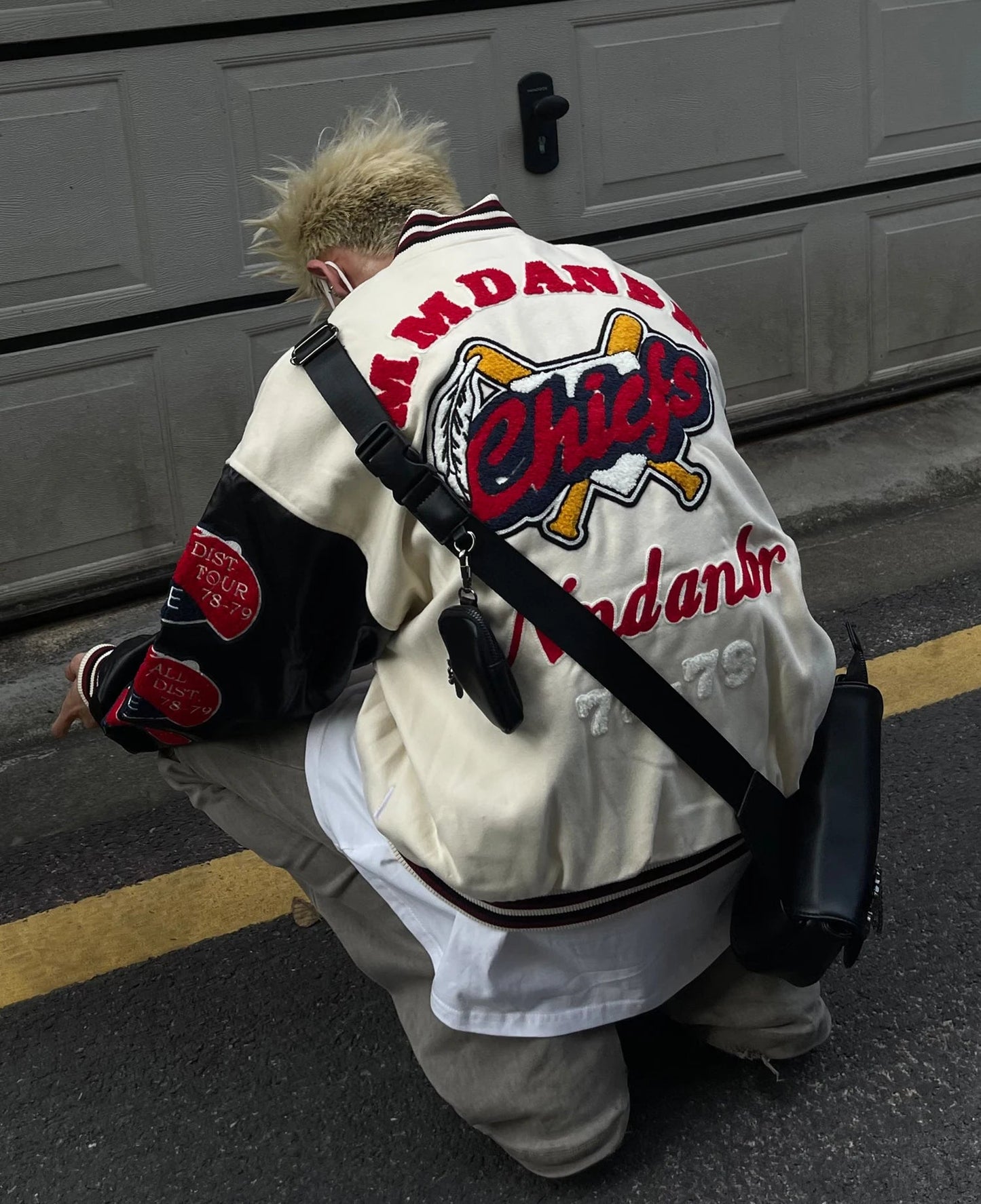 Men's Vintage Flocked Embroidery Patchwork Varsity PU Leather Sleeve Baseball Jacket