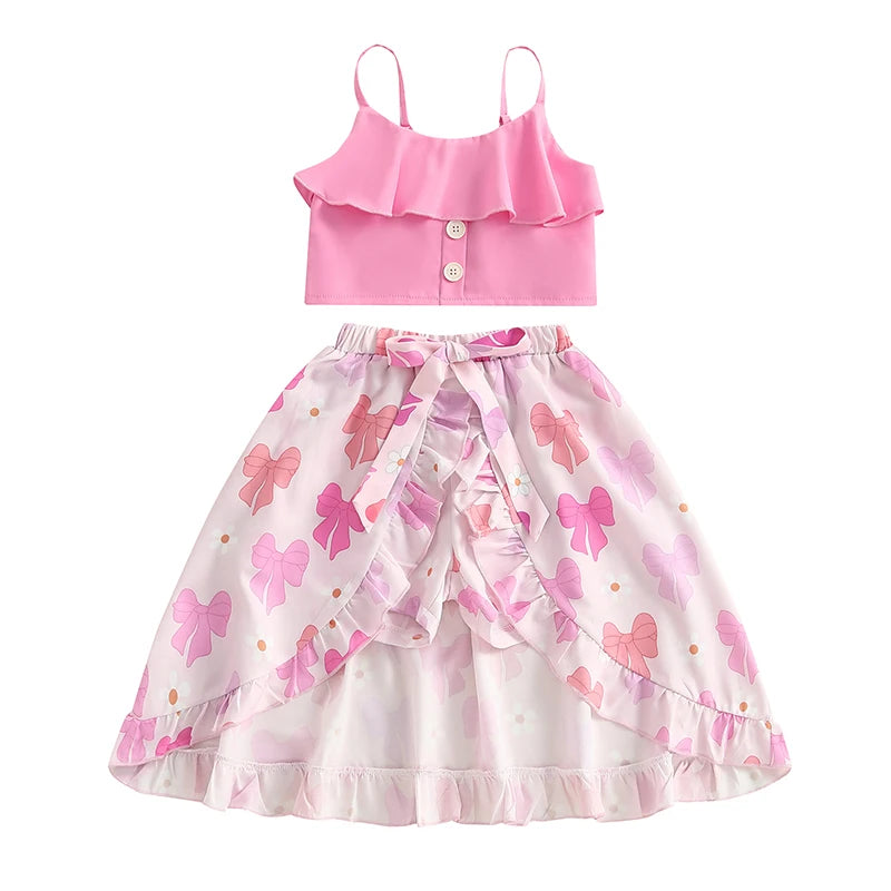 Girls' Floral Print Sleeveless Camisole & Bow Ruffle High-Low Skirt Set