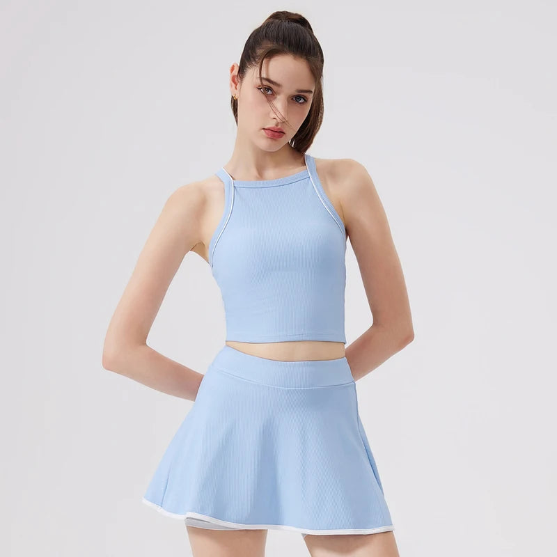 Women's Two-Piece Fitness Set - Yoga Top & Skort with Built-in Shorts