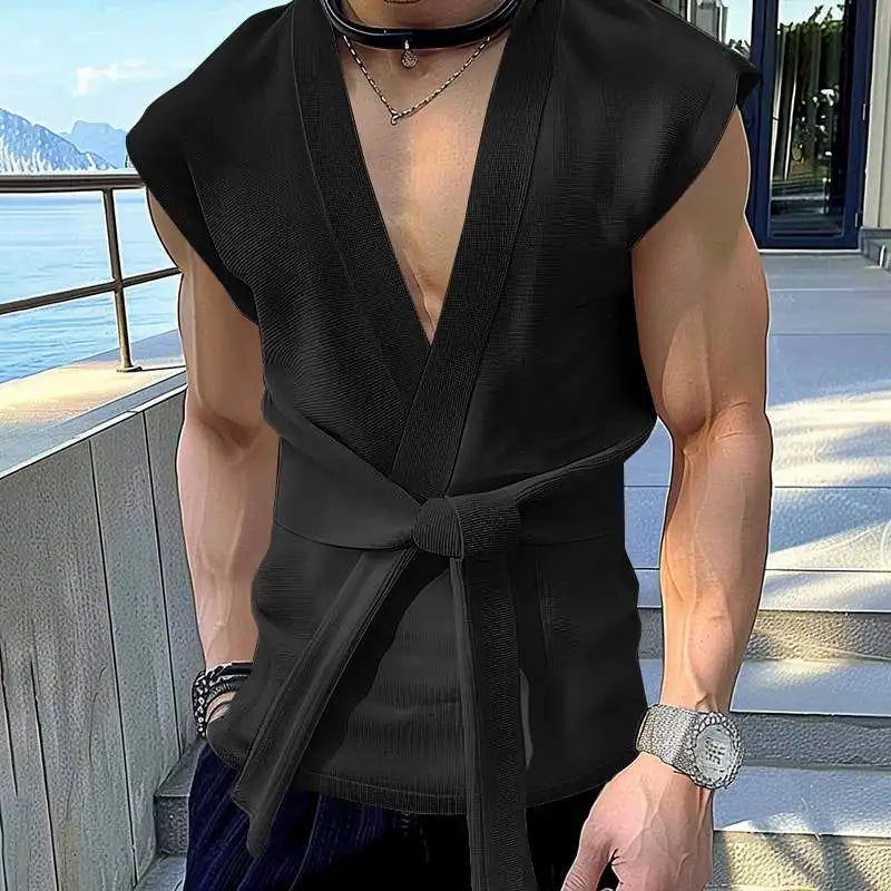 Men Tank Solid Colour V Neck Sleeveless Lace Up Vests