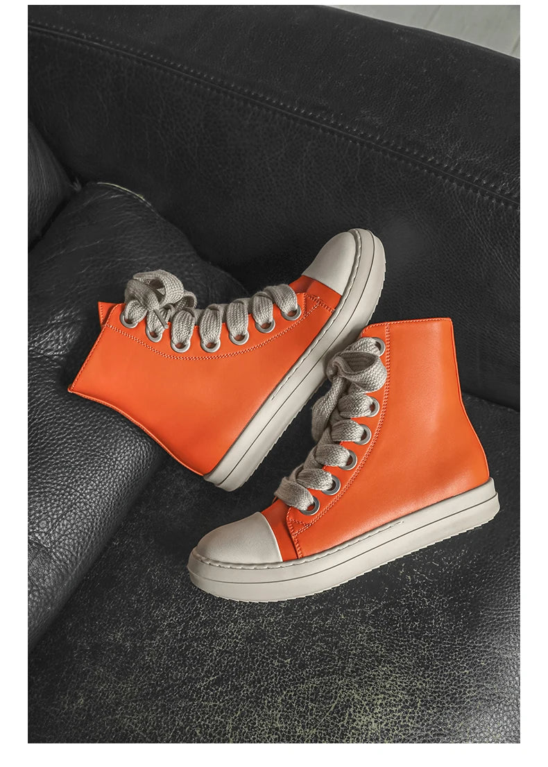 Men's High-Top Leather Sneakers - Lace-Up Zipper Ankle Boots