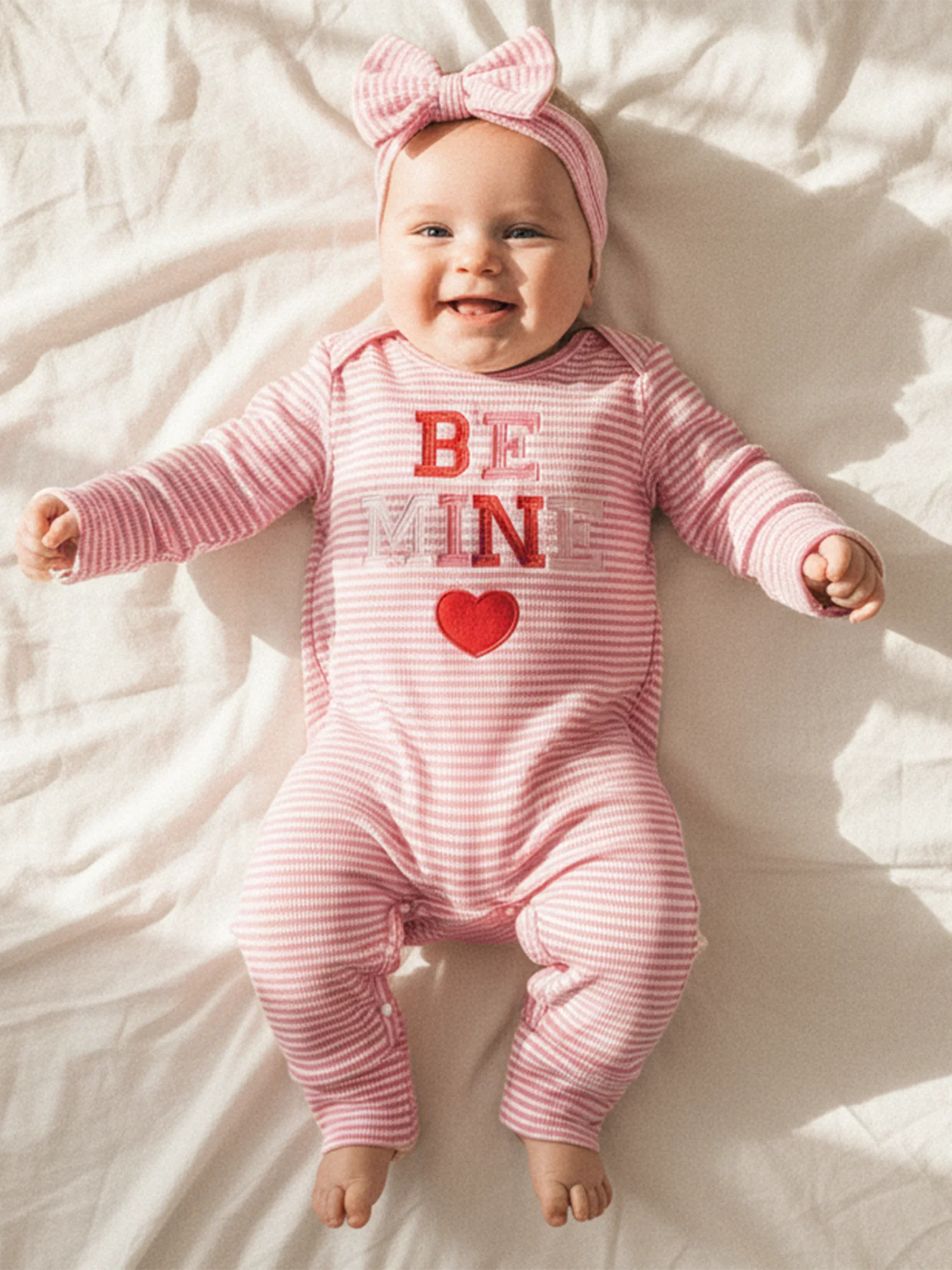 Newborn Baby Romper with Headband - Love Heart Embroidery Stripe Design
