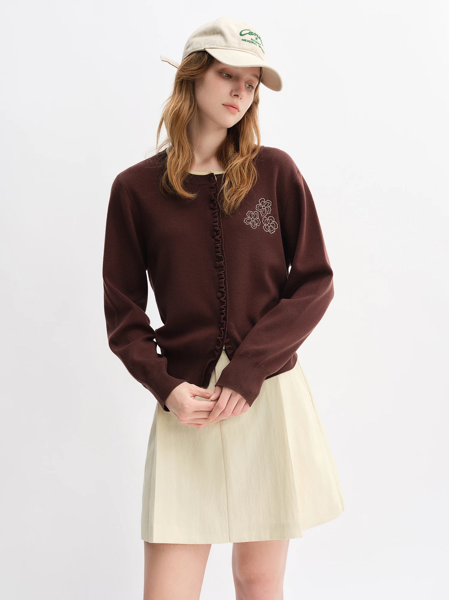 Floral Embroidered Knit Cardigan - Ruffle Trim Loose Fit Cardigan