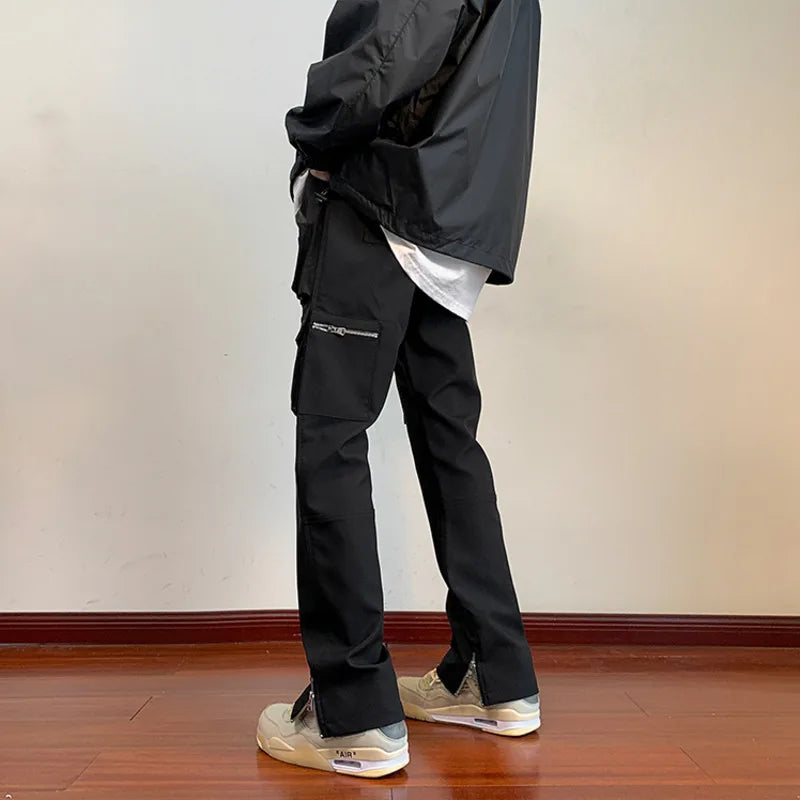 Men Slim Fit Retro Pocket Casual Black Cargo Trousers