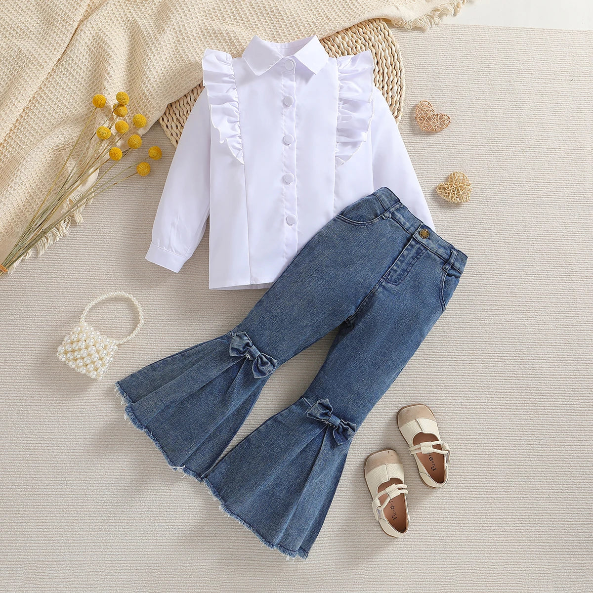 0-4Y Fashion Toddler Girls Fall Clothes Sets Solid Turn-Down Collar Long Fly Sleeve Shirts Bow Flare Denim Jeans