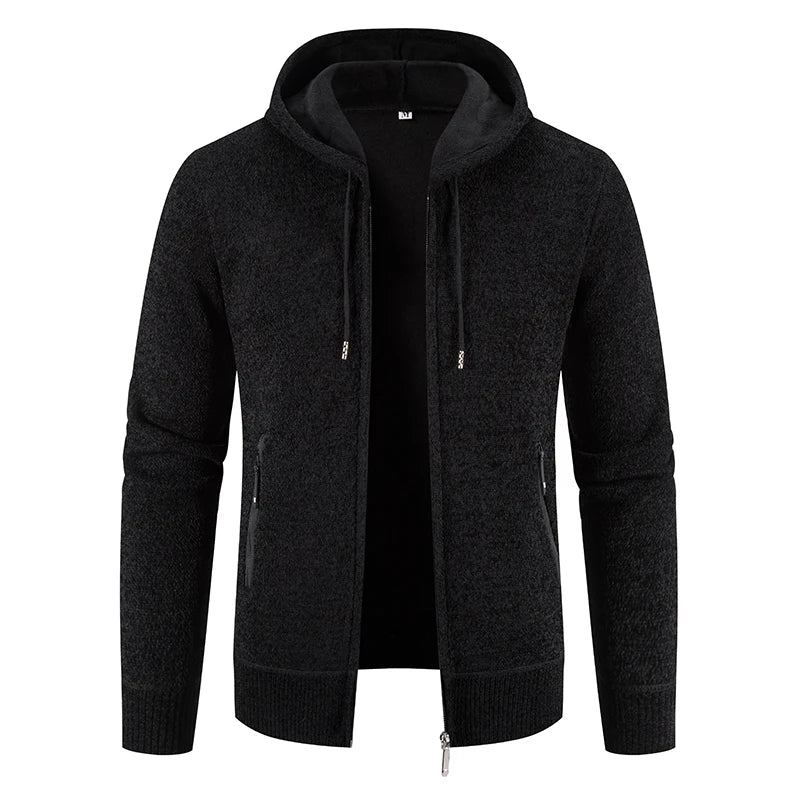 Men's Hooded Fleece Cardigan - Warm Knitted Sweater Jacket with Zipper