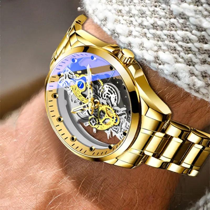 Gold Luxury Watch Men Hollow Creative Leather Man Wristwatch Waterproof Sliver Business Stainless Steel Bracelet Erkek Kol Saati