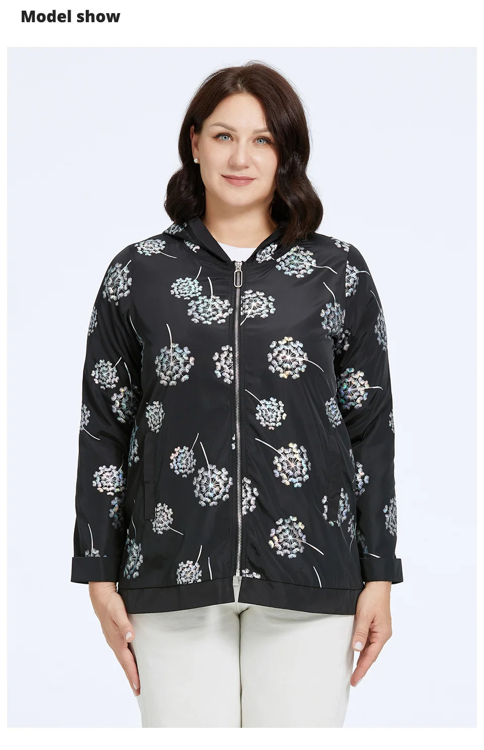 Women's Oversized Hooded Flower Print Zip Windbreaker Jacket