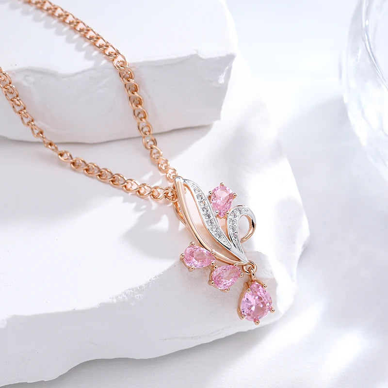 Women's 585 Rose Gold Silver Colour Shiny Pink Natural Zircon Flower Pendant Necklace