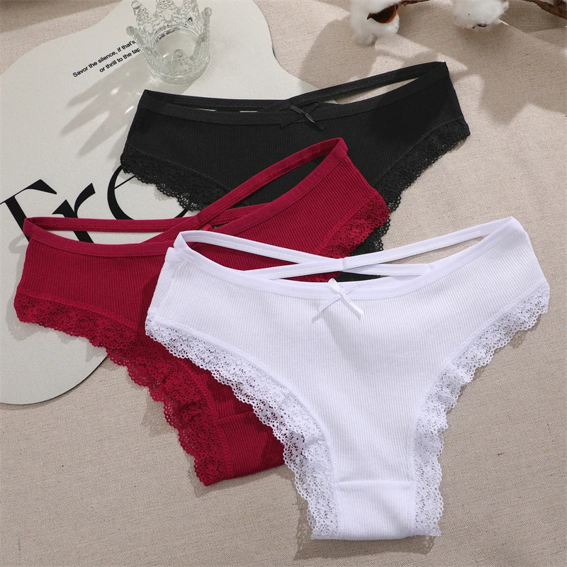 3PCS Women Cotton Underwear Panties Lace Briefs Low-Waist Cross Belt Hollow Out Cozy Lingerie