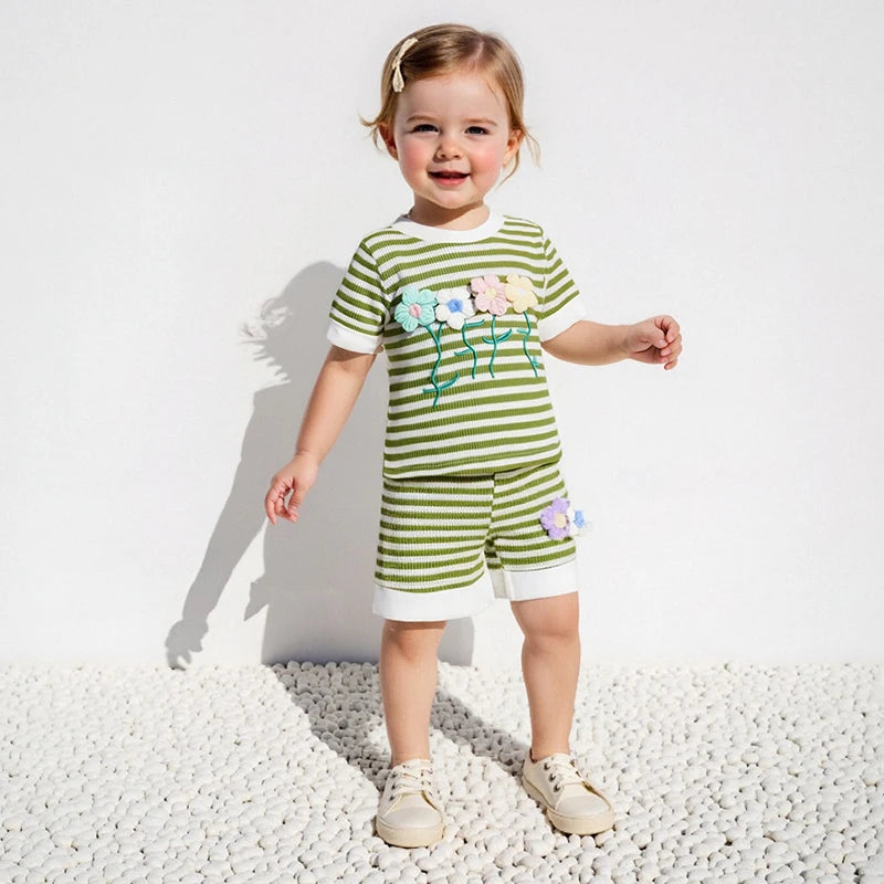 0-6Y Kids Girls Summer Clothes Sets Short Sleeve O Neck Flower Embroidery Striped T Shirts and Drawstring Shorts