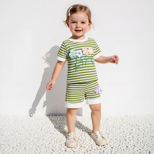 0-6Y Kids Girls Summer Clothes Sets Short Sleeve O Neck Flower Embroidery Striped T Shirts and Drawstring Shorts