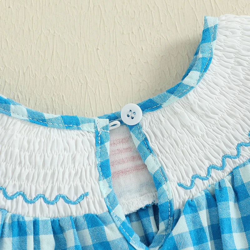 0-4Y  Kids Girl’s  Short Sleeve Embroidery Crew Neck Plaid Flags Print A-Line Dress