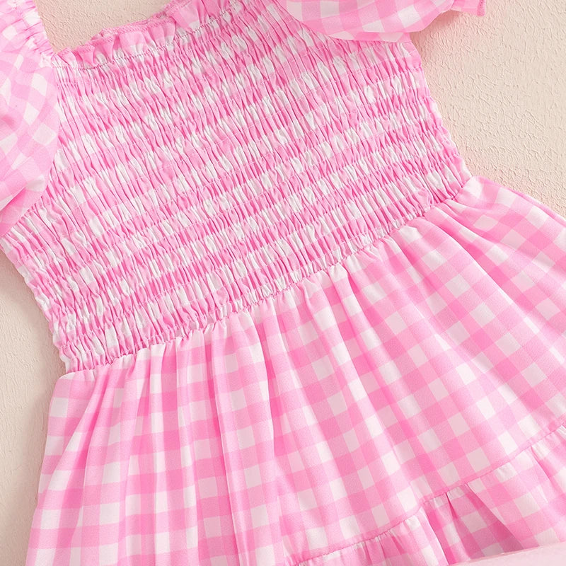 4-6Y Kids Girl's Summer Dress Plaid Print Short Puff Sleeve Square Neck Tiered A-Line Dress