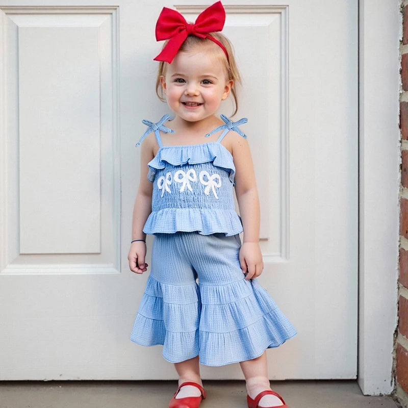 0-6Y Kids Girls Summer Clothes Set Bow Embroidery Tie-Strap Tank Top with Solid Color Flare Pants