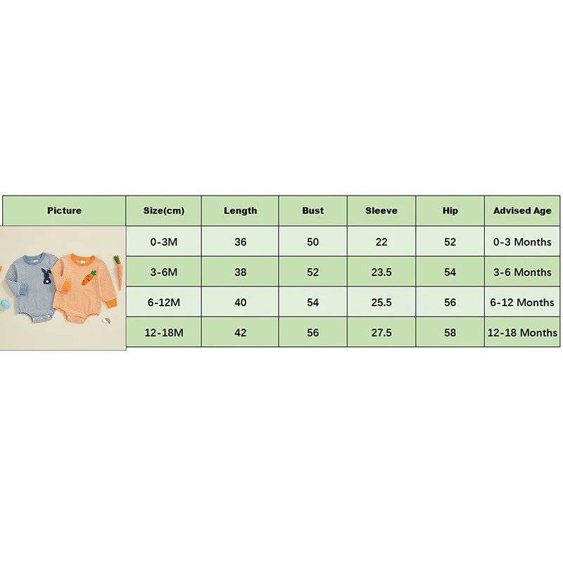 Baby Easter Romper - Stripe Rabbit Carrot Embroidery Long Sleeve Bodysuit