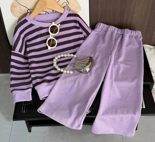 Girl's Long Sleeved Striped Top and Pants Two-piece Set