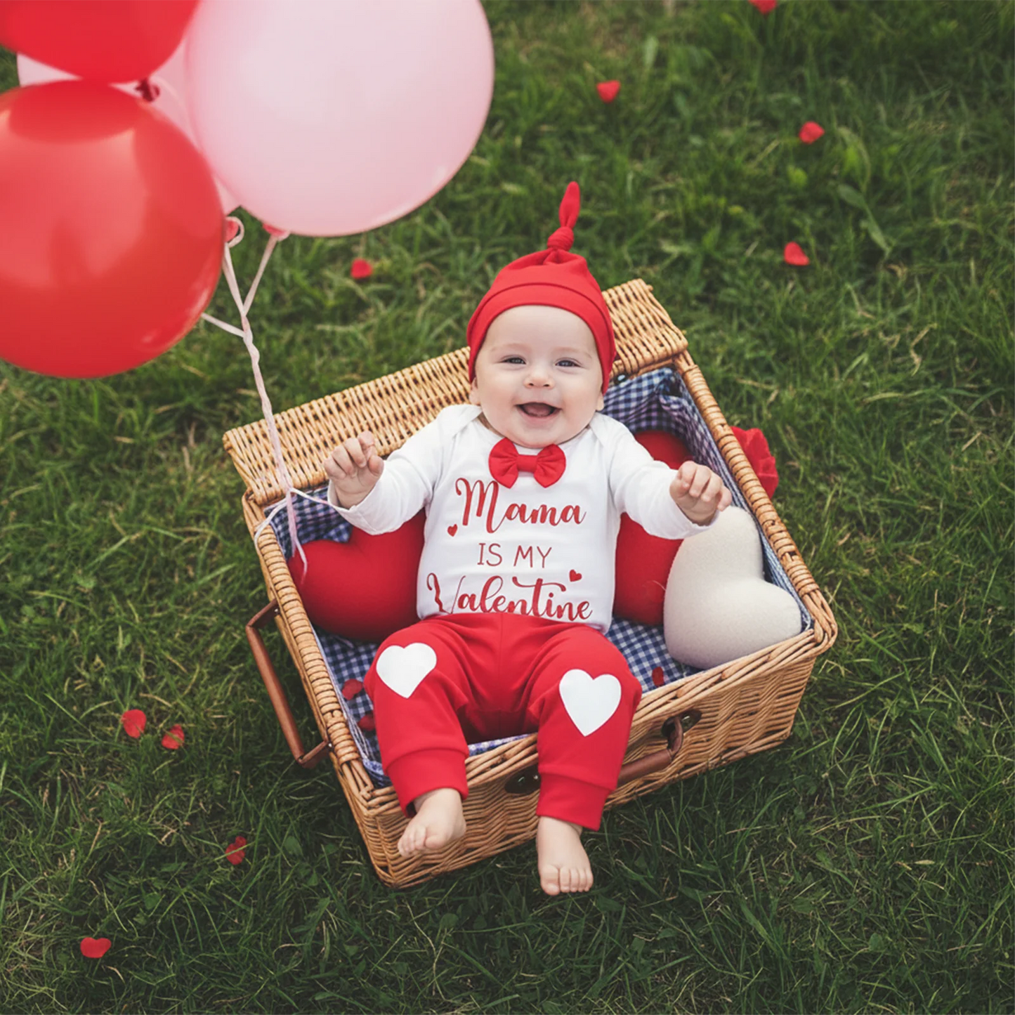 Valentine's Day Baby Boy 3-Piece Outfit Set - Heart Print Romper, Pants & Hat