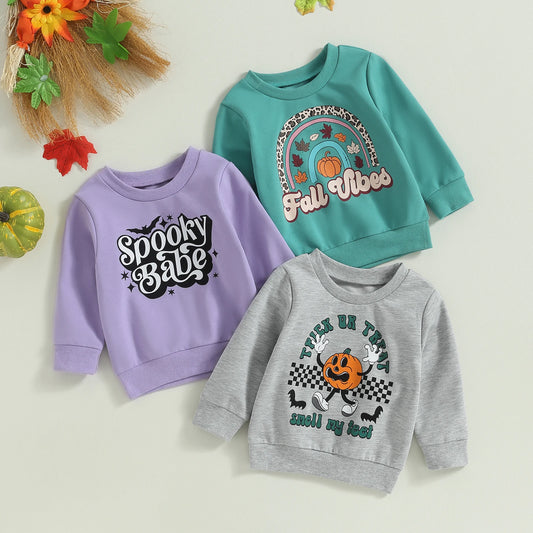 0-4Y Autumn Kids Boys Girls Sweatshirt T Shirts Long Sleeve Pumpkin Letters Print Pullover Halloween Clothes