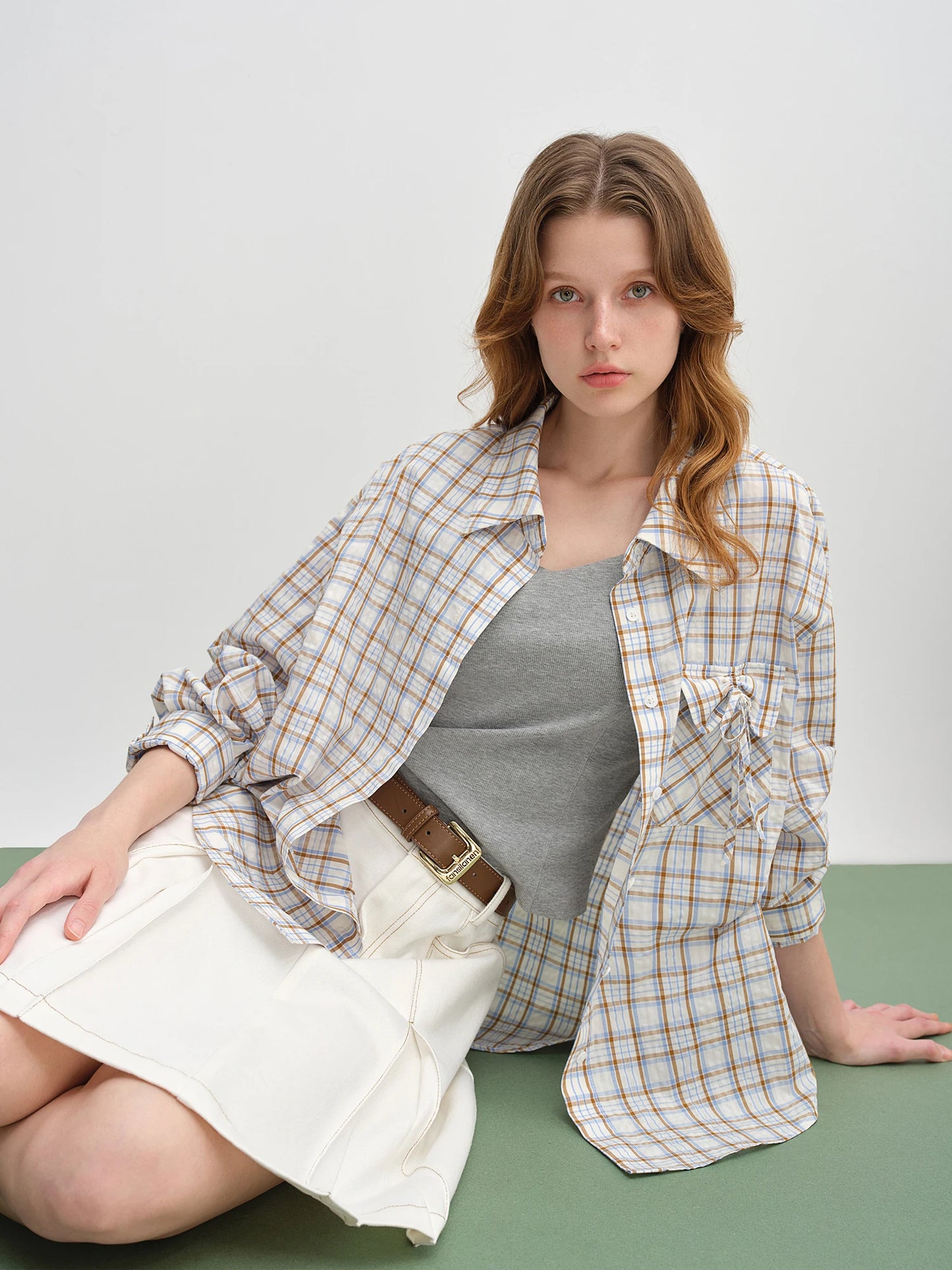 Plus Size Plaid Collar Shirt - Drawstring Pocketed Casual Top