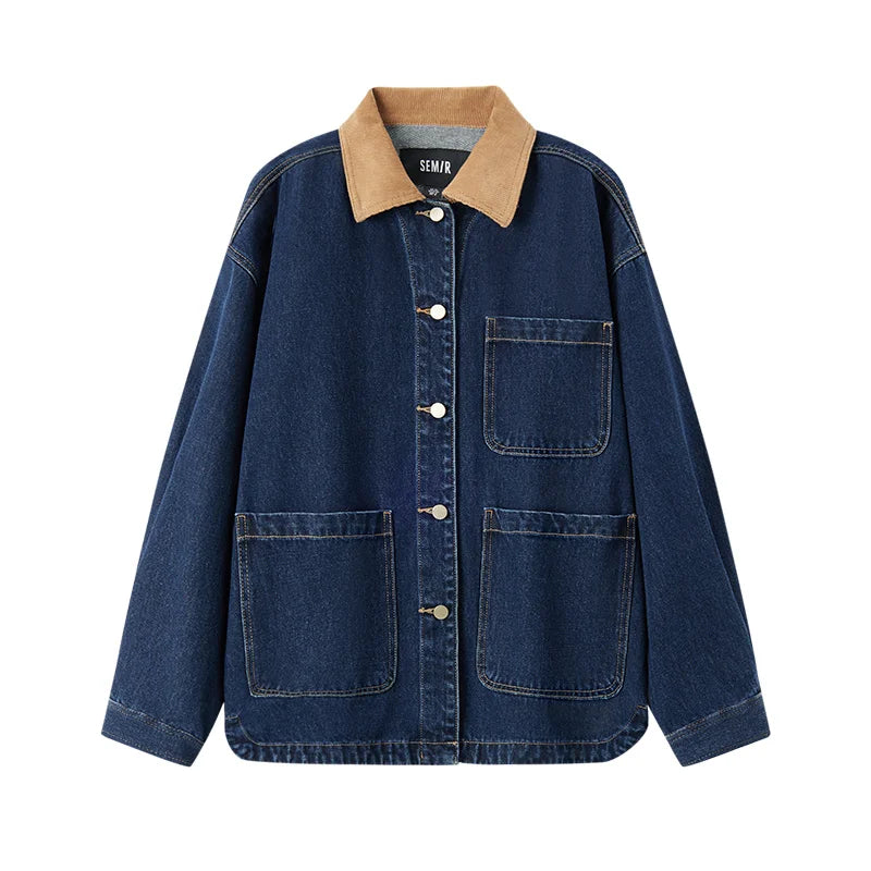 Corduroy Denim Jacket - Women's Turn Collar Loose Casual Coat