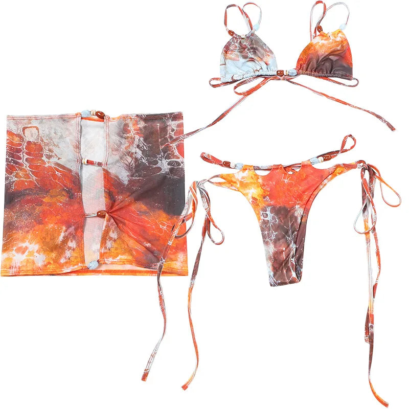 3 Piece Beachwear Bikini Set with Lace Up Skirt - Summer Co-ord Outfit