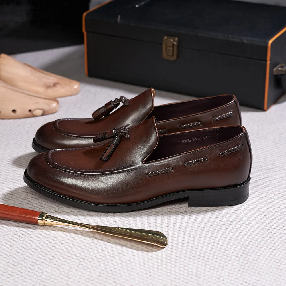 Classic Men's Tassel Loafers Genuine Leather Handmade Slip on Comfortable Office Wedding Shoes