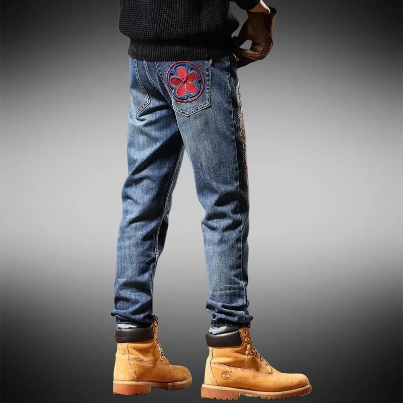 Men's Chinese Embroidered Slim Jeans - Elastic Fit