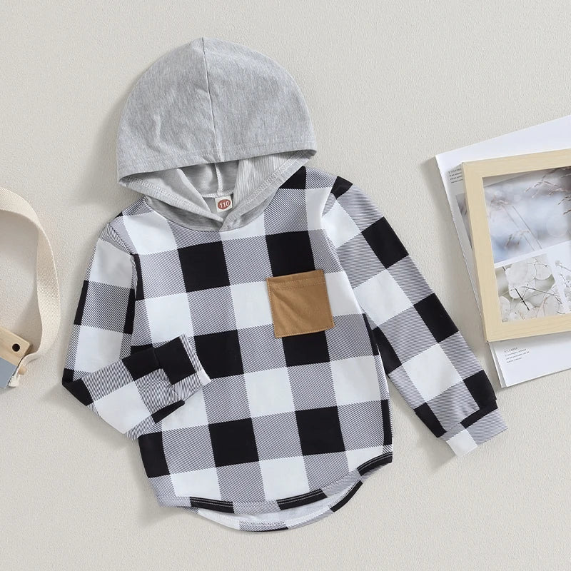 3-7Y Autumn Toddler Kids Boys  Hooded T Shirts Plaid Patchwork Long Sleeve Pullover Tops with Pocket