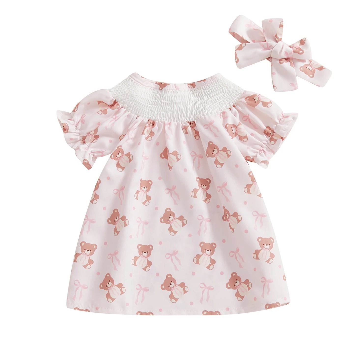 Baby Girls Summer Dress Set - Puff Sleeve Heart & Bow Embroidery with Headband