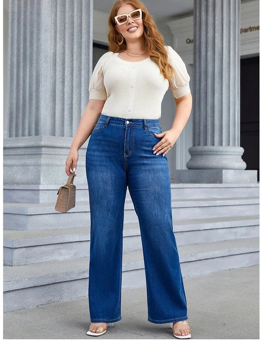 Plus Size Wide Leg Jeans - Women High Waist High Stretchy Straight Denim Jeans