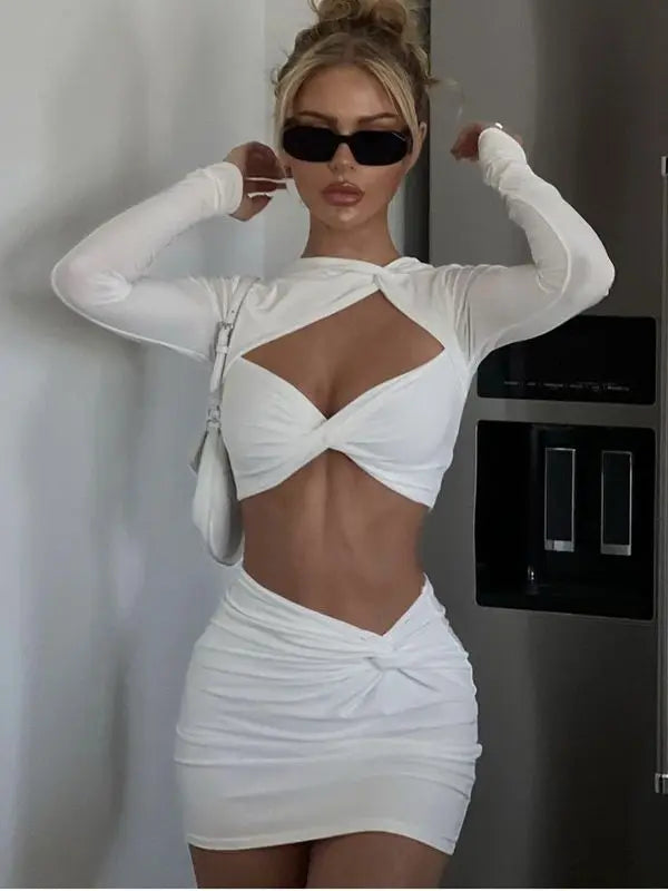 Women's  Long Sleeve Cut Out Skirt 2 Piece Set  Matching Twist Crop Top and Skirt