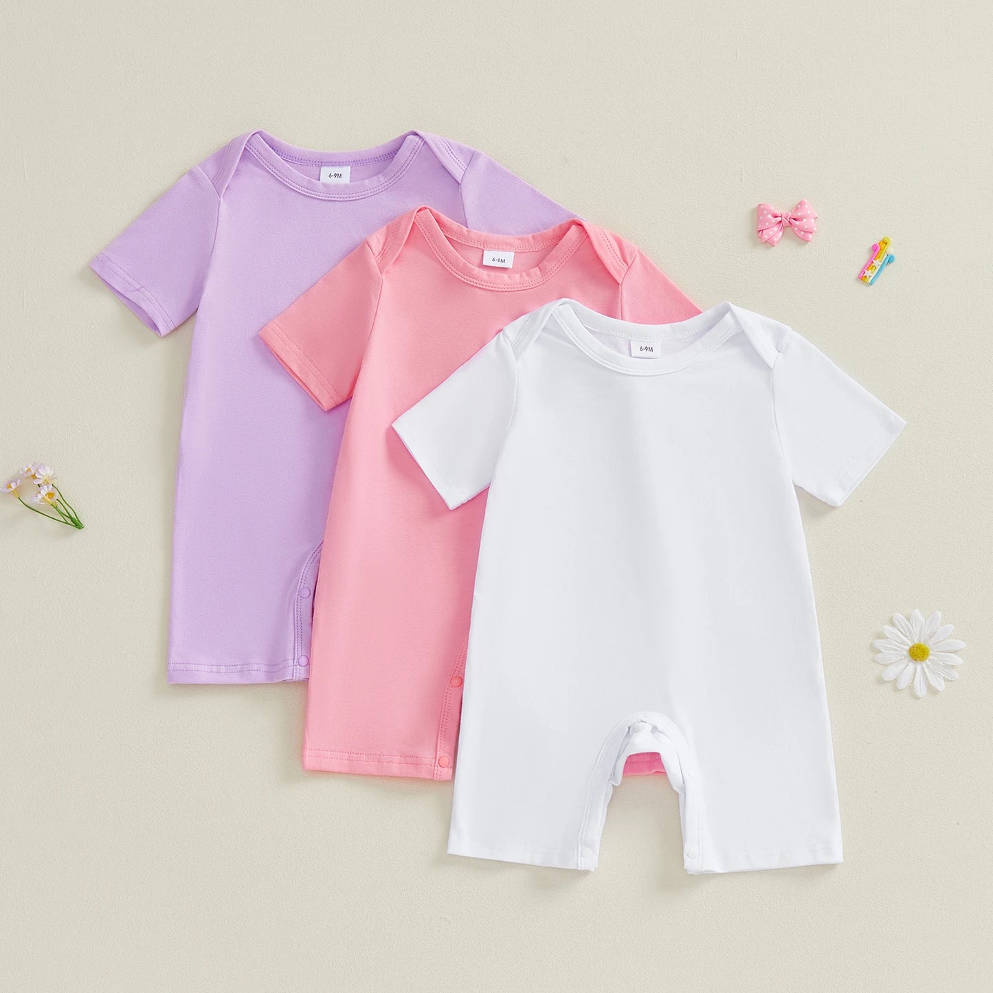 Baby Summer Romper 3-Pack - Solid Color Short Sleeve Jumpsuits