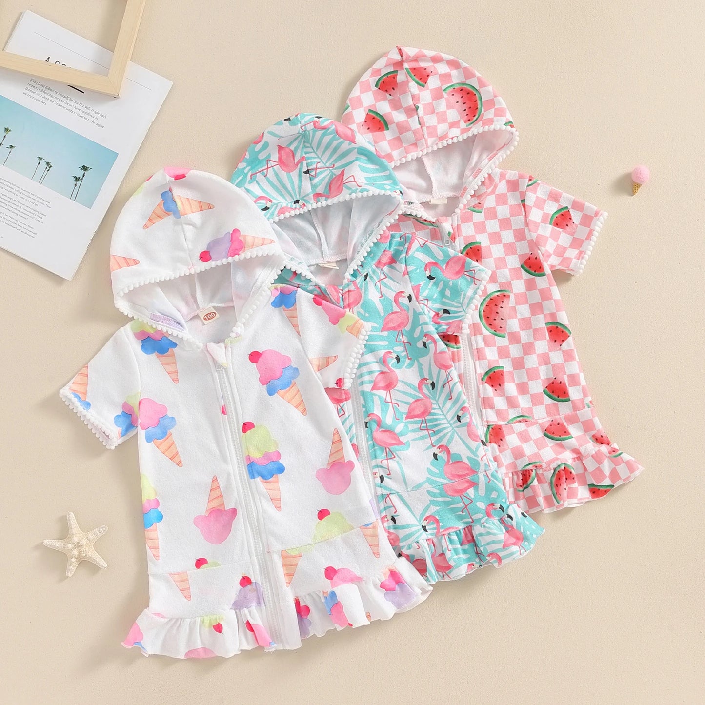 1-8Y Summer Kids Girls Beach Dress Watermelon Flamingo Ice Cream Print Hooded Zipper Closure Swimwear
