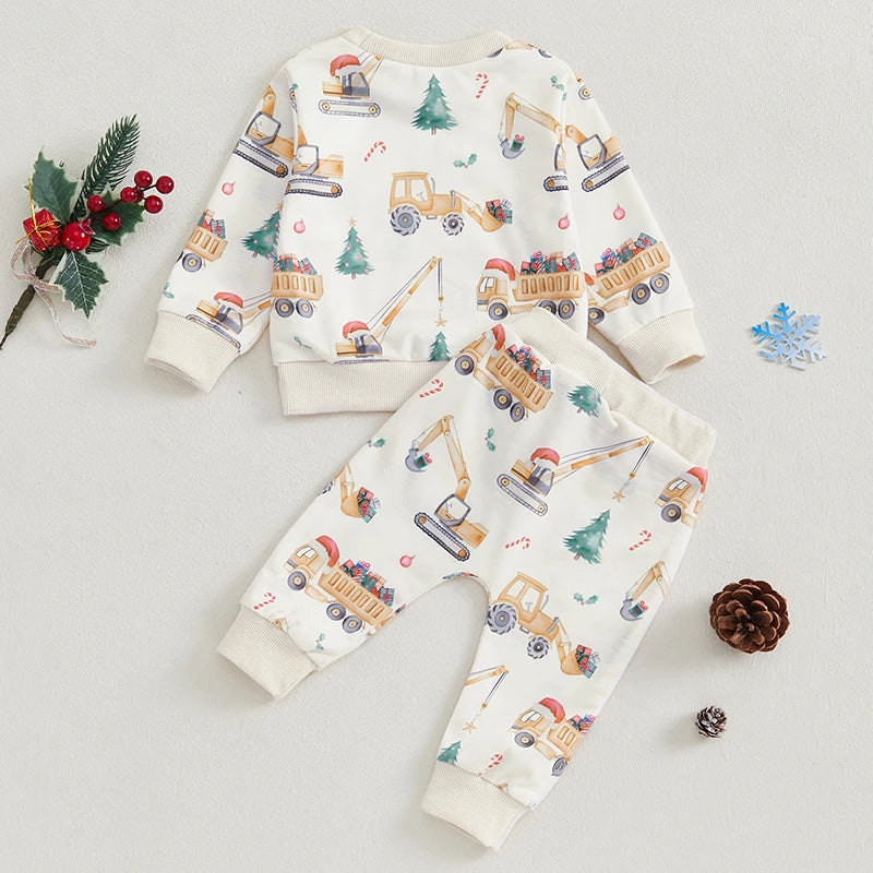 0-3Y Baby Boys Christmas Clothes Sets 2pcs Cartoon Truck Print Long Sleeve Sweatshirts Pants