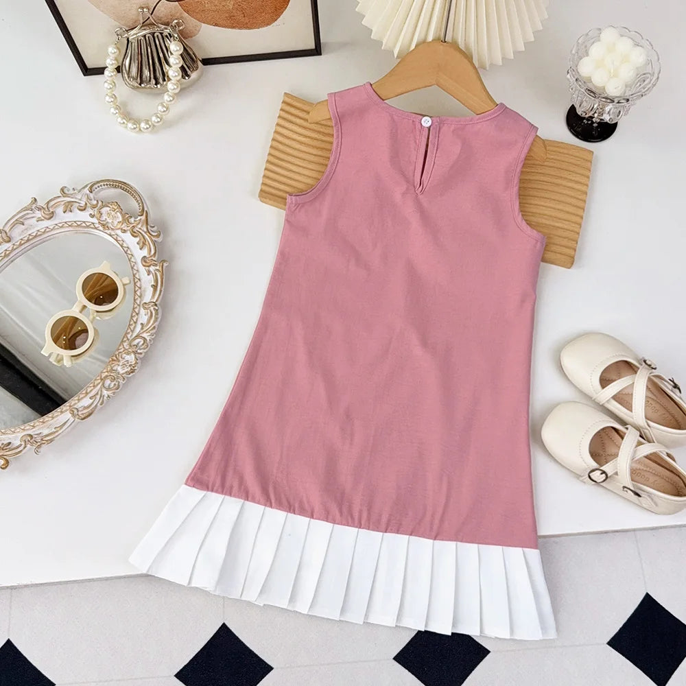 Girl's Summer Casual Round Neck Bow Sleeveless Princess Dress