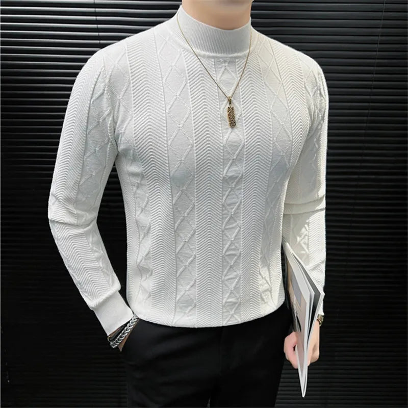 Men's Mock Neck Knitted Sweater - Slim Fit Geometric Pullover