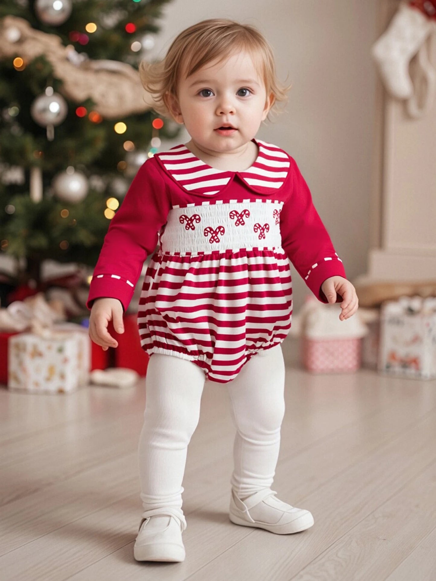 Baby Christmas Romper - Candy Cane Embroidery Long Sleeve Smocked Striped Jumpsuit